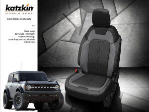 Katzkin Leather interior for Ford Bronco 2 tone color. Black wrap with barracuda flint insert and Lunar gray wings, perf insert