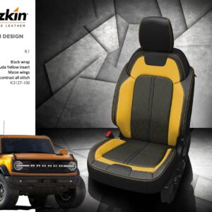 Katzkin Leather interiors 2 tone color Black wrap with Barracuda yellow insert, maize wings.