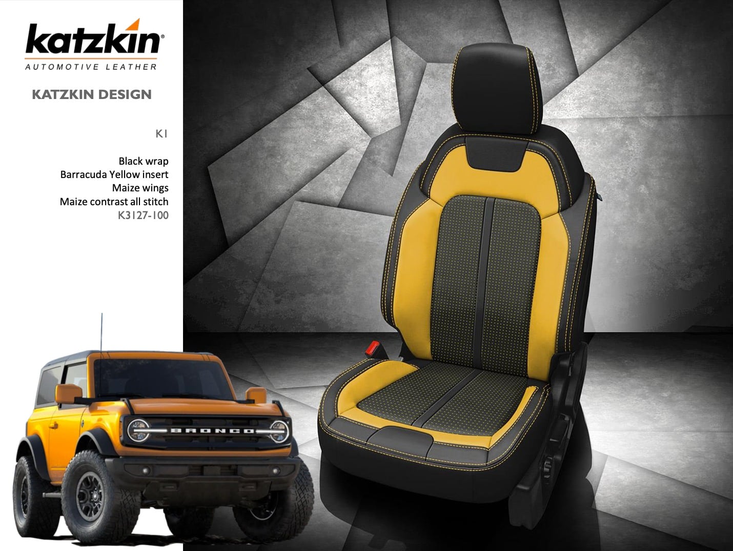 Katzkin Leather interiors 2 tone color Black wrap with Barracuda yellow insert, maize wings.